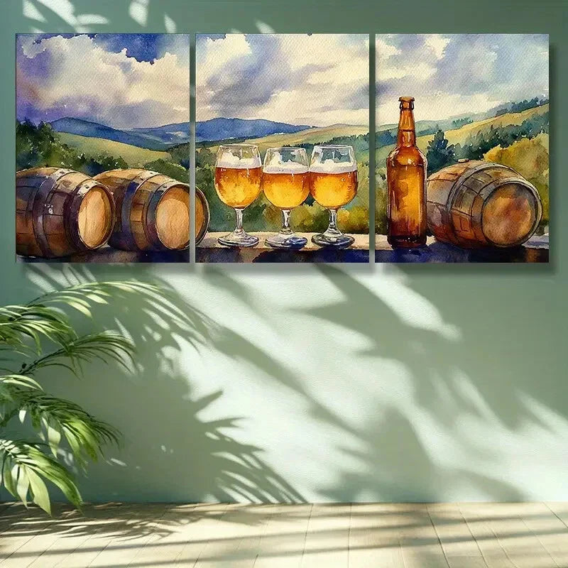 3pcs Wine glass, wine Barrel  Metal Print Ready to Hang Art