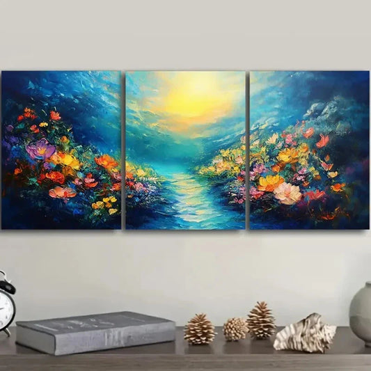 3pcs Flowers The River Of Life Painting Metal Print Ready to Hang Art