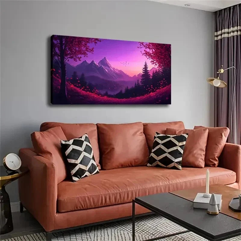 Majestic Purple Sky Lush Forest Wall Art Canvas Office Home Room Framed 120x60cm