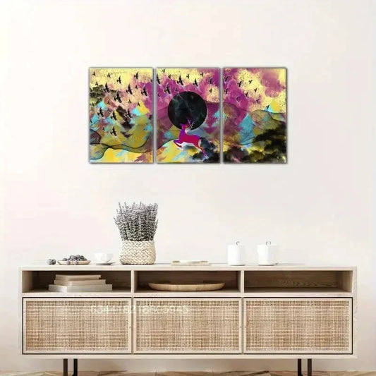 3pcs Sika deer, flying birds, beautiful scenery Metal Print Ready to Hang Art