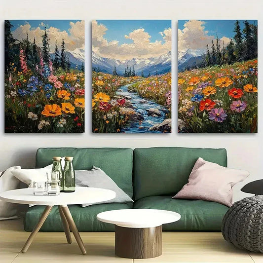 3pcs Vibrant Florals Meadow Impressionist Stream Metal Print Ready to Hang Art