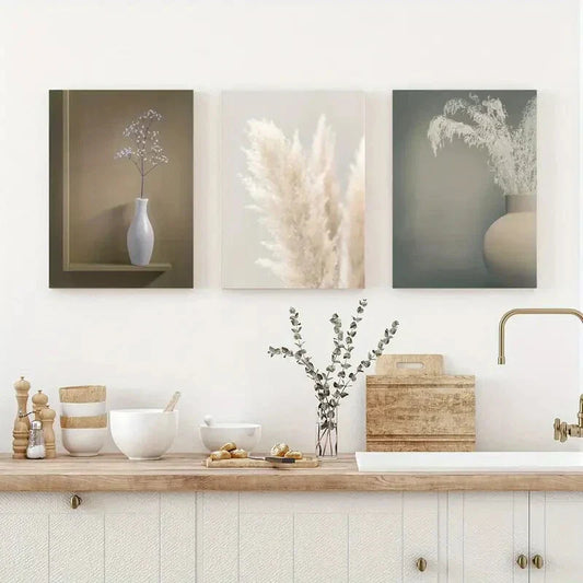 3pcs Nordic Minimalist Style Pampas Grass Metal Print Ready to Hang Art