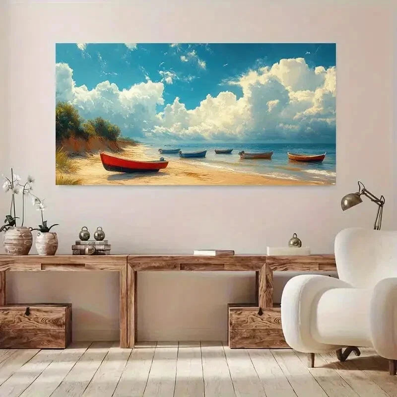 Coastal Sky with Red Boats wall canvas office home room framed 120x60cm