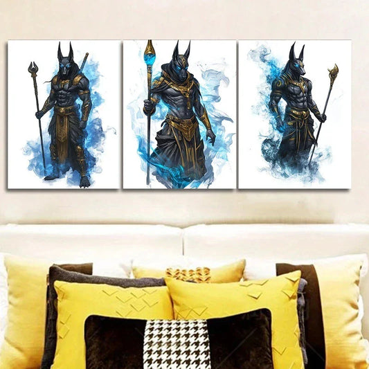 3pcs Blue Armor Anubis Painting Metal Print Ready to Hang Art
