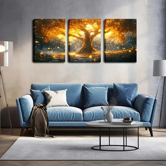 3pcs Golden Glow Tree Landscape Painting Wall Art Set Canvas Framed 40x60cm - High Quality Print 100% Australian Made Wall Canvas Ready to Hang