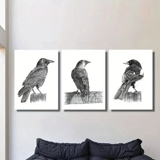 3pcs Vintage black and white crow pencil drawing Metal Print Ready to Hang Art