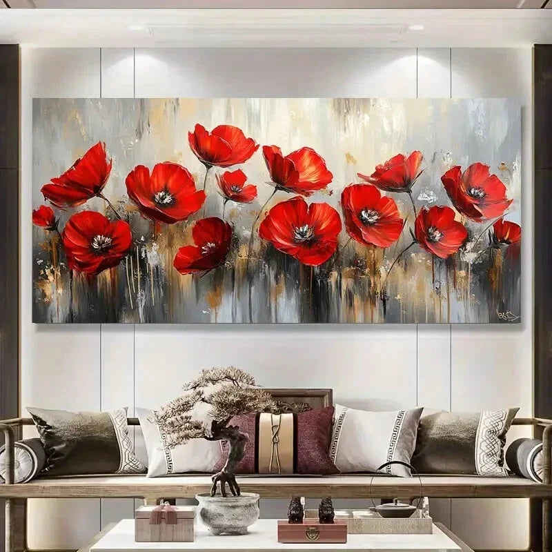 Golden Vibrant Red Poppy Wall Art wall canvas office home room framed 120x60cm