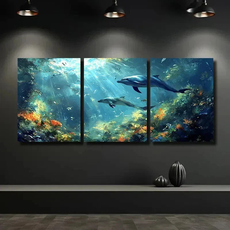3pcs Vibrant Underwater Dolphin Ocean Scene Wall Art Set Canvas Framed 40x60cm - High Quality Print 100% Australian Made Wall Canvas Ready to Hang