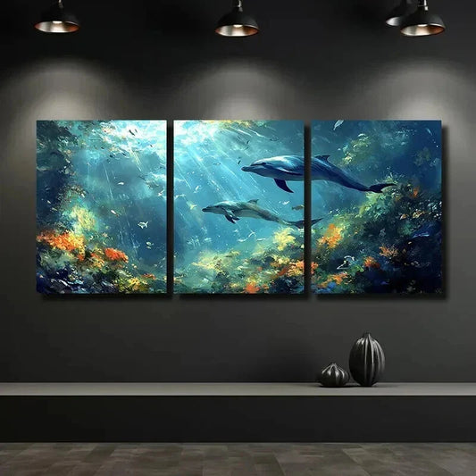 3pcs Vibrant Underwater Dolphin Ocean Scene Wall Art Set Canvas Framed 40x60cm - High Quality Print 100% Australian Made Wall Canvas Ready to Hang