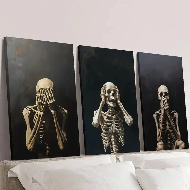 3pcs Golden-Hued Skeletons in Various Poses  Wall Art Set Canvas Framed 40x60cm - High Quality Print 100% Australian Made Wall Canvas Ready to Hang