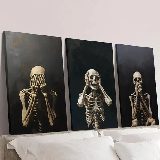 3pcs Golden-Hued Skeletons in Various Poses  Wall Art Set Canvas Framed 40x60cm - High Quality Print 100% Australian Made Wall Canvas Ready to Hang