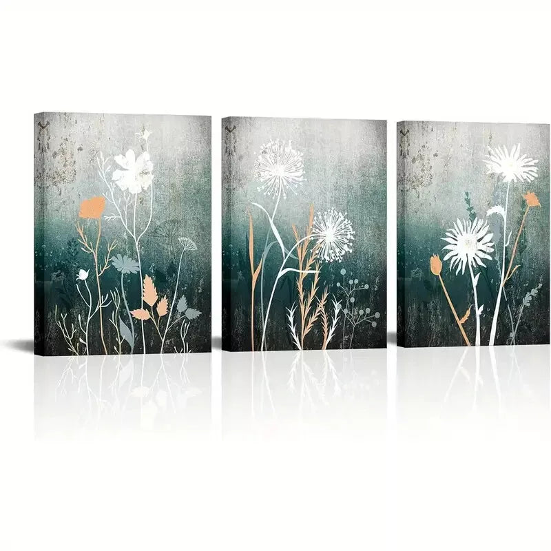 3pcs Vintage Aesthetic Green and Grey Plant Wall Art Set Canvas Framed 40x60cm - High Quality Print 100% Australian Made Wall Canvas Ready to Hang