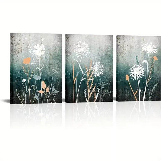 3pcs Vintage Aesthetic Green and Grey Plant Wall Art Set Canvas Framed 40x60cm - High Quality Print 100% Australian Made Wall Canvas Ready to Hang