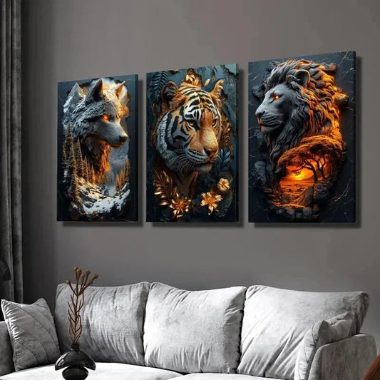 3pcs Majestic Tigers Wolves & Lions in Forest Wall Art Set Canvas Framed 40x60cm - High Quality Print 100% Australian Made Wall Canvas Ready to Hang