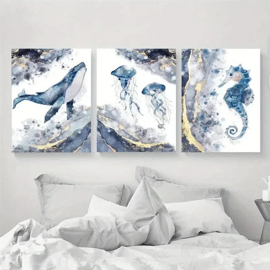 3pcs Ocean Sea life Whale Jelly Fish Seahorse Metal Print Ready to Hang Art
