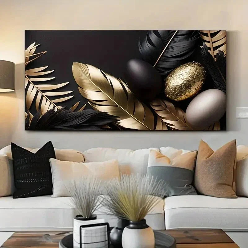 Modern Golden Feather Eggs Wall Art Canvas Office Home Room Framed 120x60cm