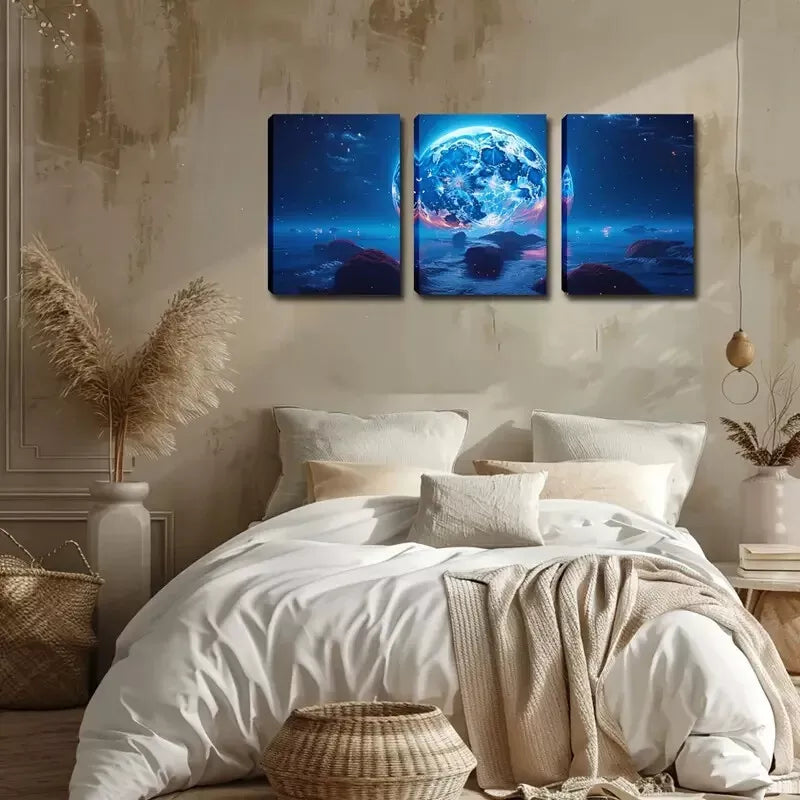 3pcs Giant Bright Moon  Wall Art Set Canvas Framed 40x60cm - High Quality Print 100% Australian Made Wall Canvas Ready to Hang