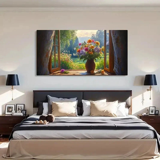 Countryside Landscape Vase Wall Art Canvas Office Home Room Framed 120x60cm