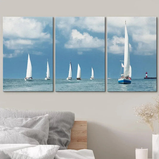 3pcs Sailboats in Ocean Under Clouds Nature Metal Print Ready to Hang Art