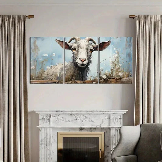 3pcs Artistic Goat, Curved Horn, White Flower Metal Print Ready to Hang Art
