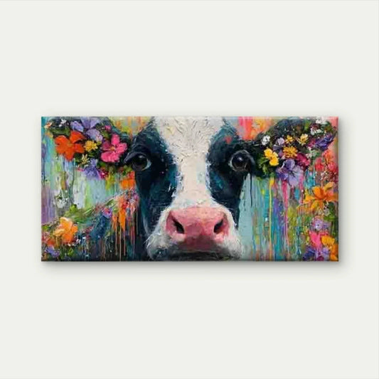 Colorful Floral Cow Wall Art Canvas Office Home Room Framed 80x45cm