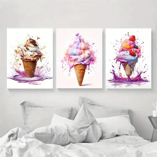 3pcs Ice Cream Colorful Food Metal Print Ready to Hang Art