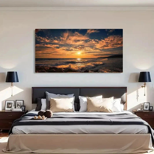 Ocean Sunset Waves Beach Wall Art Canvas Office Home Room Framed 120x60cm