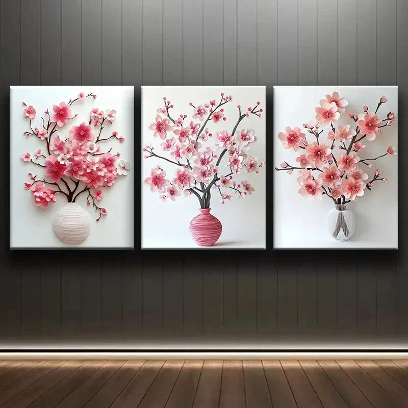 3pcs Cherry Blossom in Vase Floral Design Metal Print Ready to Hang Art