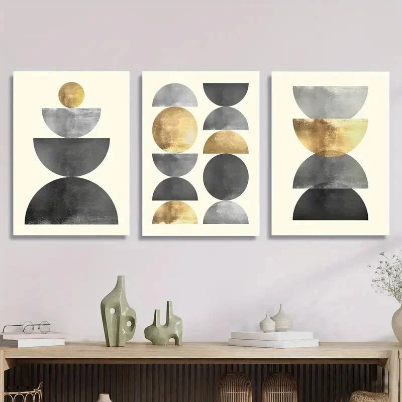 3pcs Golden & Metallic Circles, Geometric Metal Print Ready to Hang Art