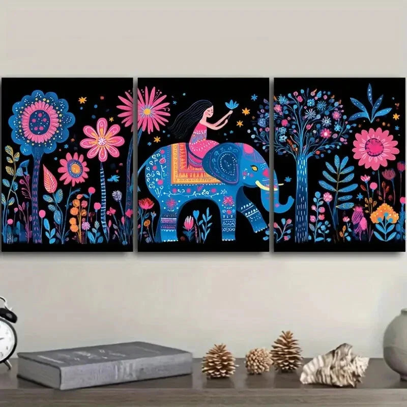 3pcs  Elephant and Baby, Luxurious Metal Print Ready to Hang Art