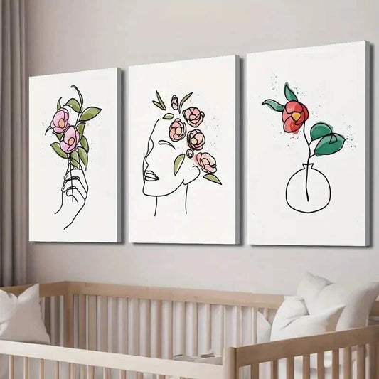 3pcs Floral Poster with Human Face And Hands Wall Art Set Canvas Framed 40x60cm - High Quality Print 100% Australian Made Wall Canvas Ready to Hang