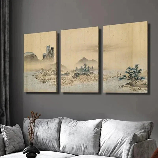 3pcs Vintage Japanese Retro Landscape Wall Art Set Canvas Framed 40x60cm - High Quality Print 100% Australian Made Wall Canvas Ready to Hang