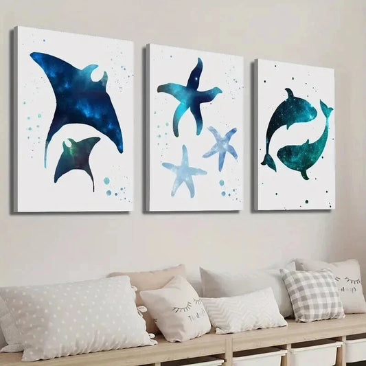 3pcs Manta Ray Nebula Starfish Whale Starry Sky Wall Art Set Canvas Framed 40x60cm - High Quality Print 100% Australian Made Wall Canvas Ready to Hang