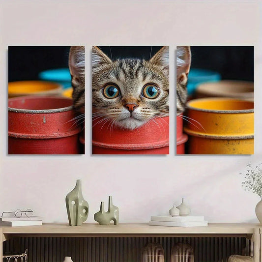 3pcs Whimsical Cat Vibrant Blue-Eyed Kitten Metal Print Ready to Hang Art