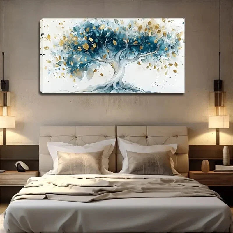 Blue Tree with Golden Leaves Wall Art Canvas Office Home Room Framed 120x60cm
