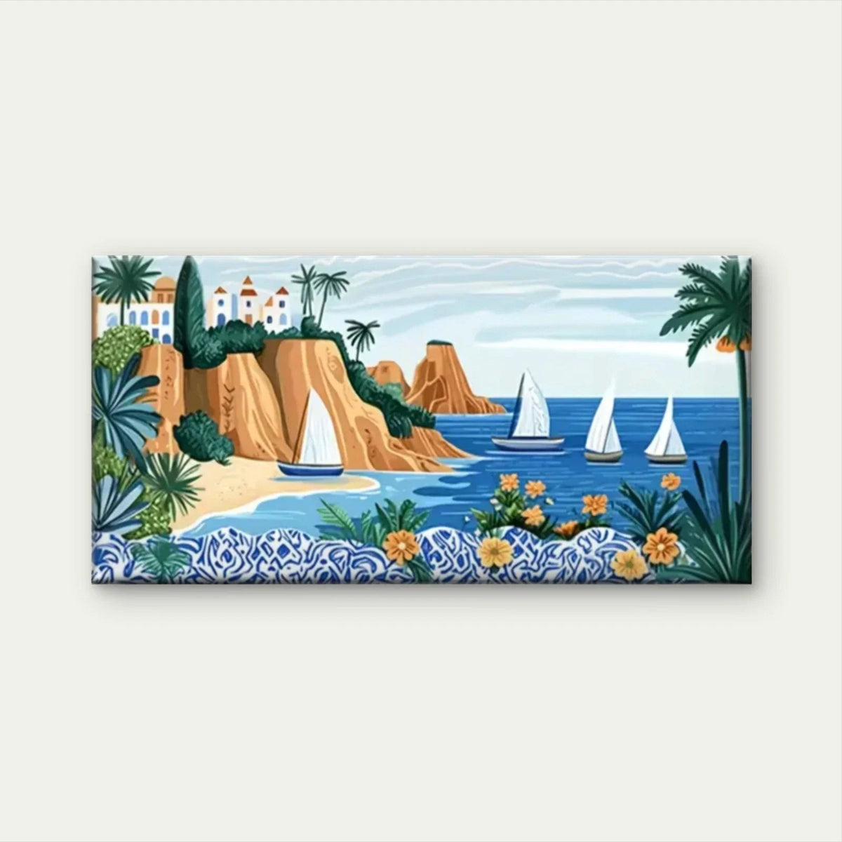 Beach Scene Palm Trees Boats Wall Art Canvas Office Home Room Framed 80x45cm