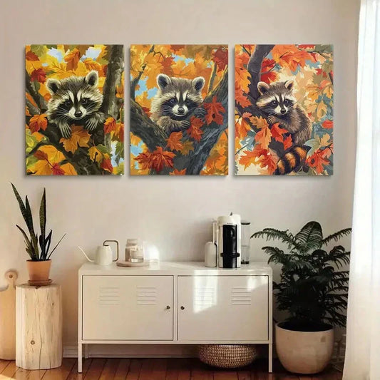 3pcs Autumn Tree Cute Raccoon Metal Print Ready to Hang Art