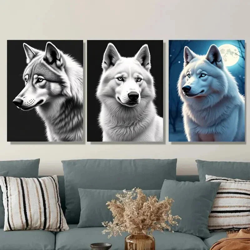 3pcs Black White Wolf with Stunning Blue Eyes Wall Art Set Canvas Framed 40x60cm - High Quality Print 100% Australian Made Wall Canvas Ready to Hang