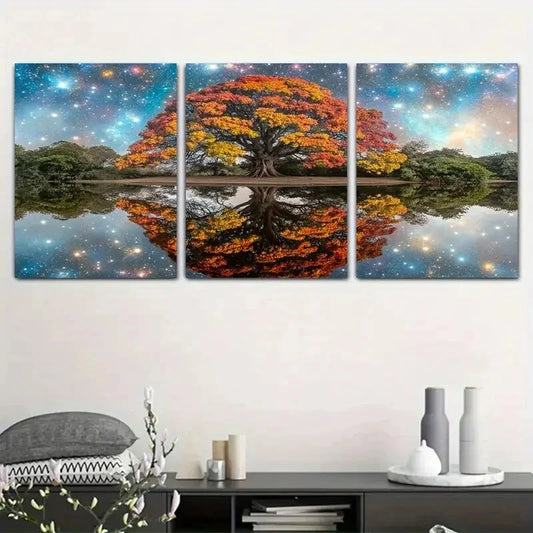 3pcs Vibrant Tree & Starry Sky Design Metal Print Ready to Hang Art