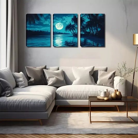 3pcs Night, Moon, Coconut Tree Wall Art Set Canvas Framed 40x60cm - High Quality Print 100% Australian Made Wall Canvas Ready to Hang