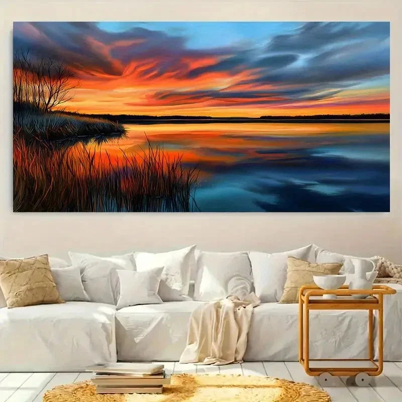 Sunset Tranquil Lake Scenery Wall Art Canvas Office Home Room Framed 120x60cm
