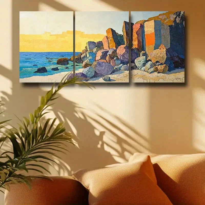 3pcs Seaside with Large Rocks Metal Print Ready to Hang Art