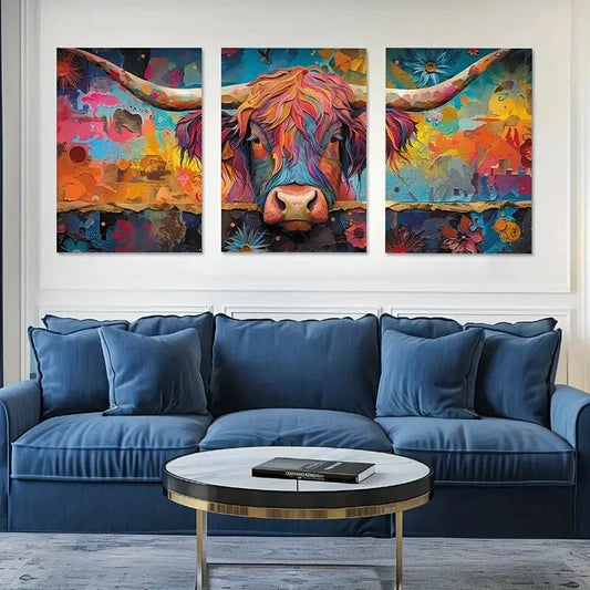 3pcs Colorful Painted Cow Metal Print Ready to Hang Art