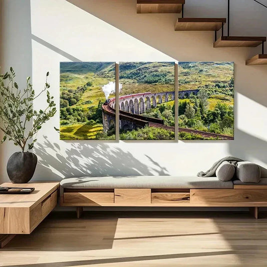 3pcs Bridge, Steam Train Metal Print Ready to Hang Art