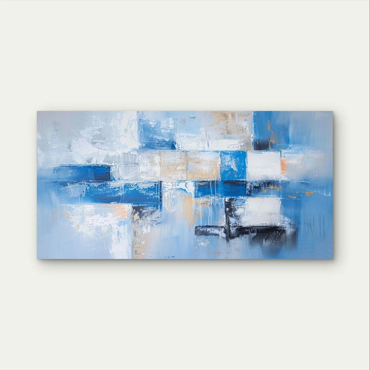 Blue and White Block Abstract Wall Art Canvas Office Home Framed 80x45cm