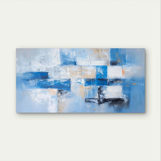 Blue and White Block Abstract Wall Art Canvas Office Home Framed 80x45cm