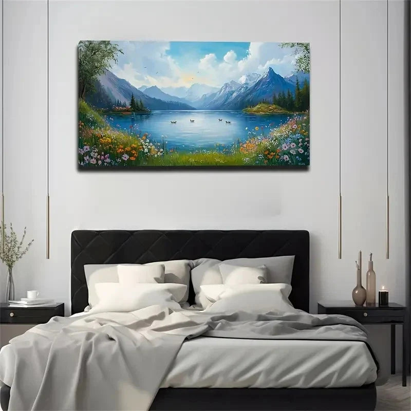 Mountains Lake Spring Flowers Wall Art Canvas Office Home Room Framed 80x45cm