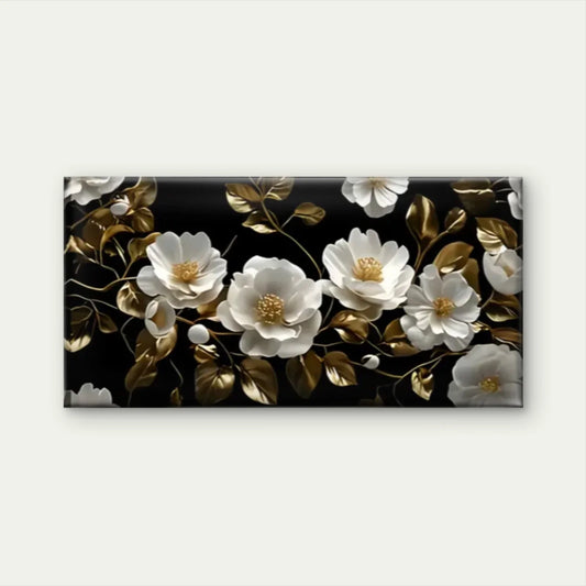 Black White Floral Pattern Gold Wall Art Canvas Office Home Room Framed 80x45cm
