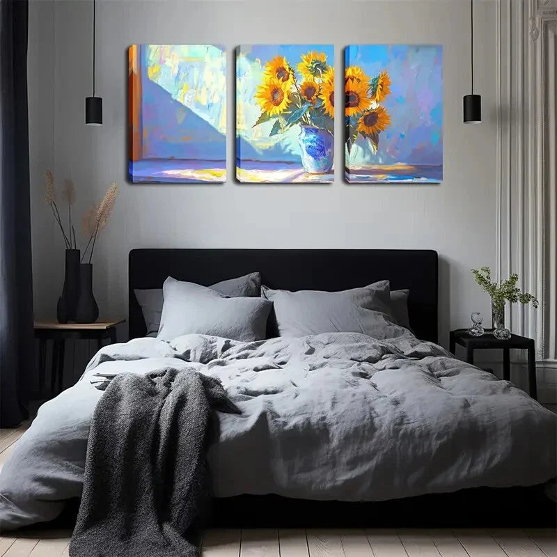 3pcs Yellow Sunflowers Placed in a Vase Perfect Wall Art Set Canvas Framed 40x60cm - High Quality Print 100% Australian Made Wall Canvas Ready to Hang