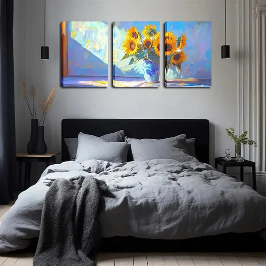 3pcs Yellow Sunflowers Placed in a Vase Perfect Wall Art Set Canvas Framed 40x60cm - High Quality Print 100% Australian Made Wall Canvas Ready to Hang